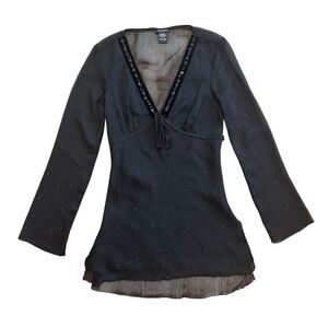 Eyeshadow Black Embellished V-Neck Tie-Front Blouse